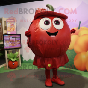 Maroon Tomato mascot costume character dressed with a Wrap Dress and Backpacks