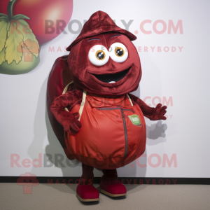 Maroon Tomato mascot costume character dressed with a Wrap Dress and Backpacks