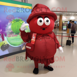 Maroon Tomato mascot costume character dressed with a Wrap Dress and Backpacks