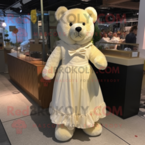 Cream Teddy Bear mascot costume character dressed with a Evening Gown and Shoe laces