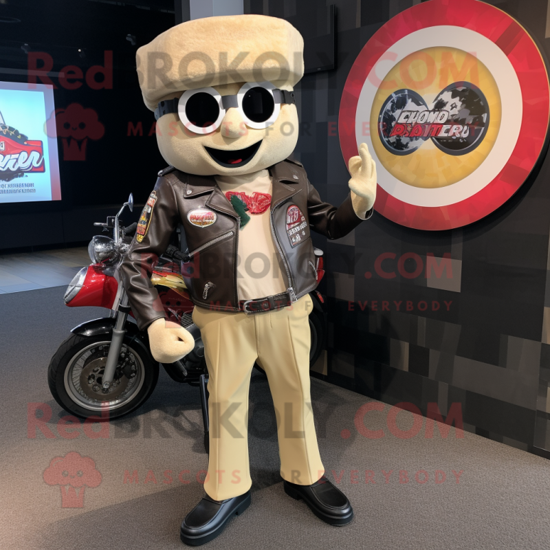 Beige Pizza Slice mascot costume character dressed with a Biker Jacket and Pocket squares