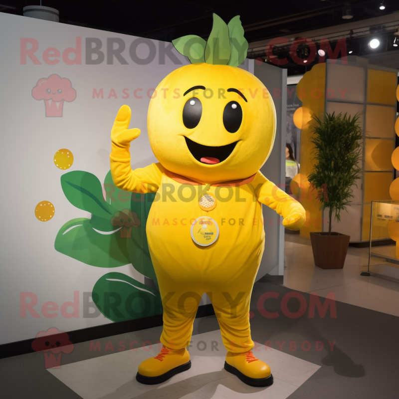 Yellow Plum mascot costume character dressed with a Romper and Anklets