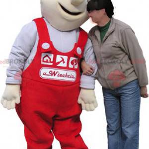 Mascote trabalhador branco com macacão vermelho - Redbrokoly.com