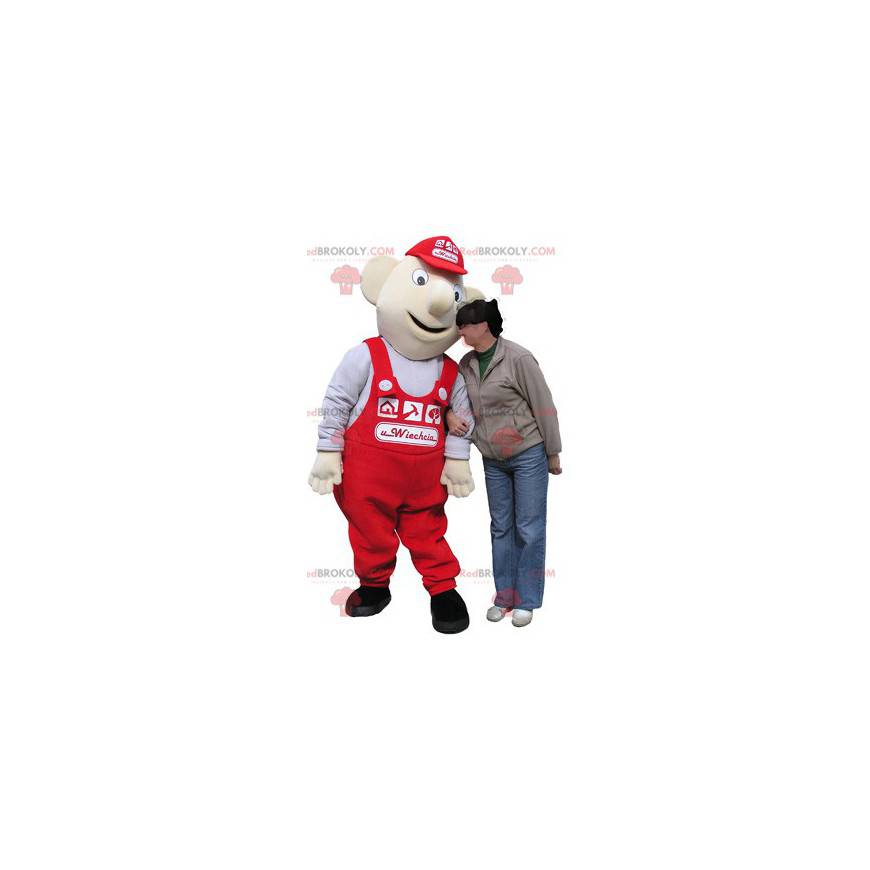 Mascote trabalhador branco com macacão vermelho - Redbrokoly.com