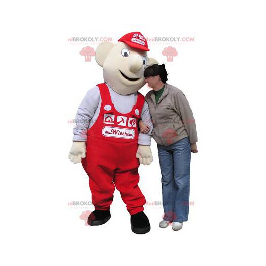 Mascote trabalhador branco com macacão vermelho - Redbrokoly.com