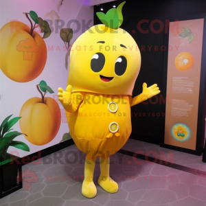 Yellow Plum mascot costume character dressed with a Romper and Anklets