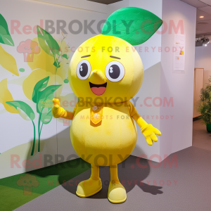 Yellow Plum mascot costume character dressed with a Romper and Anklets