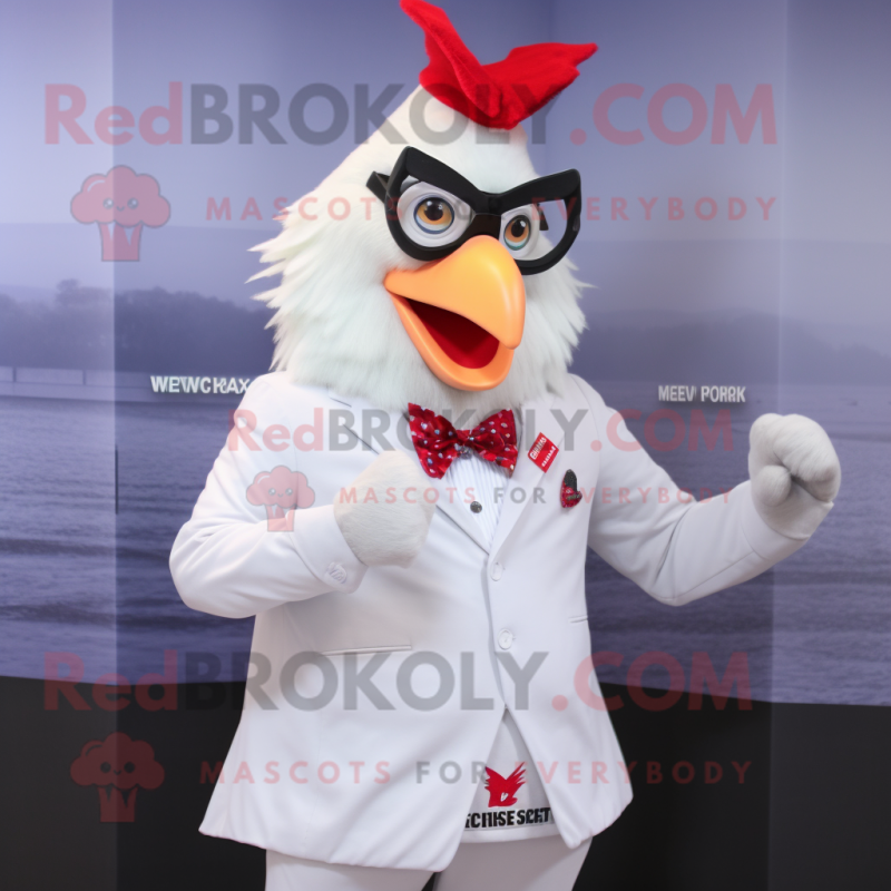 White Roosters mascot costume character dressed with a Dress Shirt and Pocket squares