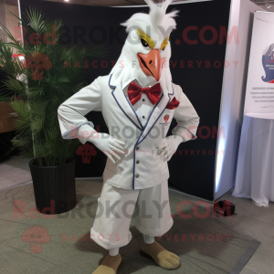 White Roosters mascot costume character dressed with a Dress Shirt and Pocket squares
