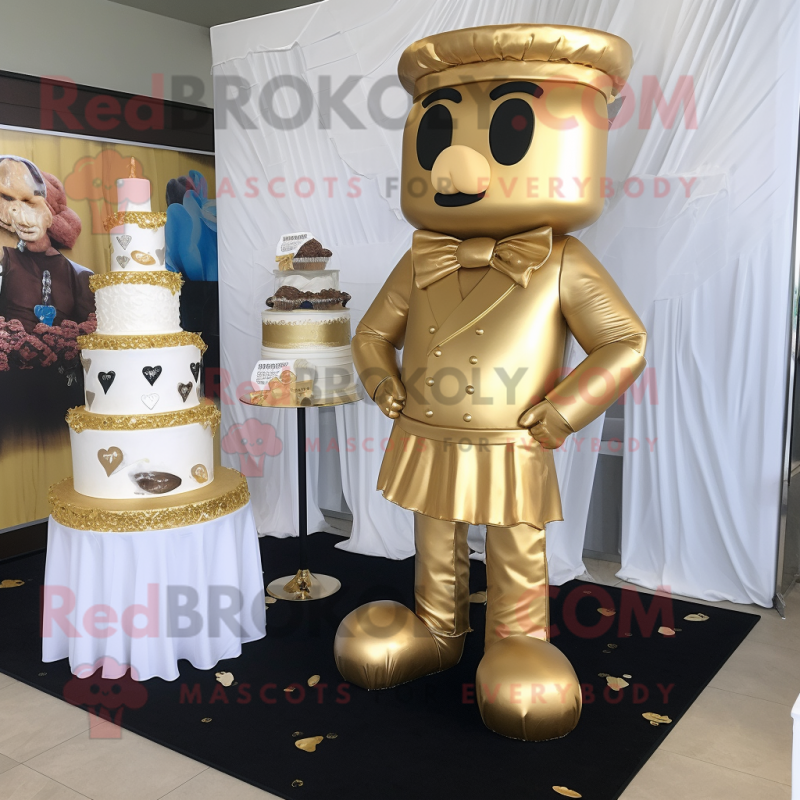 Gold Wedding Cake mascot costume character dressed with a Cargo Shorts and Watches Gold Wedding Cake mascot costume character dressed with a Cargo Shorts and Watches