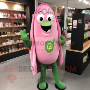Pink Green Bean mascot costume character dressed with a Sweatshirt and Lapel pins