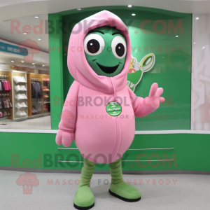 Pink Green Bean mascot costume character dressed with a Sweatshirt and Lapel pins
