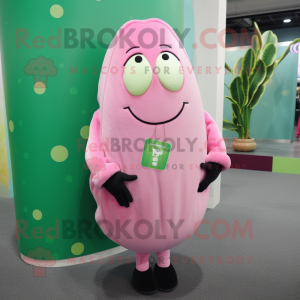 Pink Green Bean mascot costume character dressed with a Sweatshirt and Lapel pins