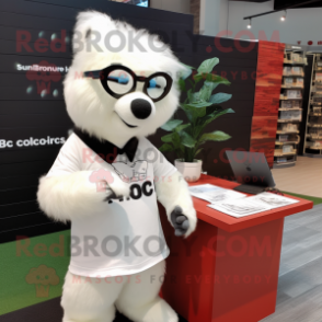 White Skunk mascot costume character dressed with a Polo Shirt and Reading glasses