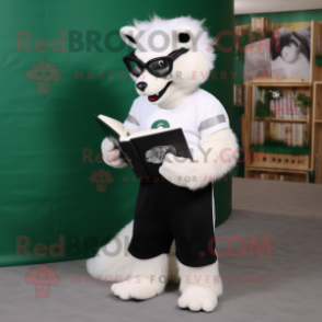 White Skunk mascot costume character dressed with a Polo Shirt and Reading glasses