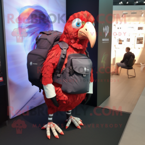 Red Guinea Fowl mascot costume character dressed with a Jumpsuit and Backpacks