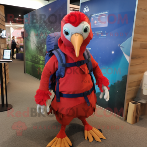 Red Guinea Fowl mascot costume character dressed with a Jumpsuit and Backpacks