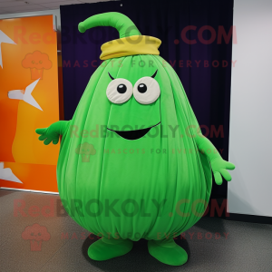 Lime Green Pumpkin mascot costume character dressed with a Pleated Skirt and Beanies