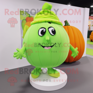 Lime Green Pumpkin mascot costume character dressed with a Pleated Skirt and Beanies