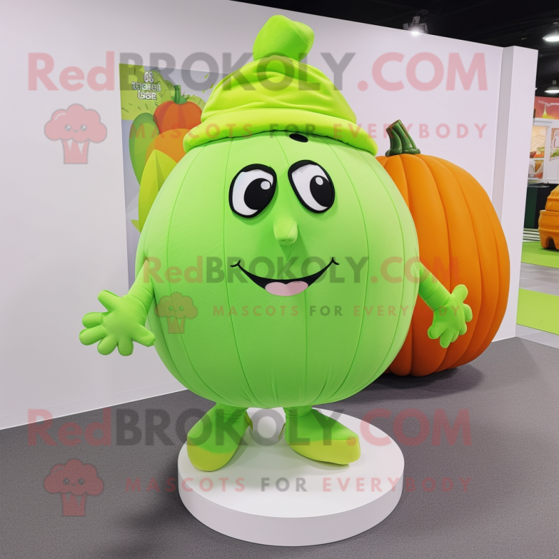 Lime Green Pumpkin mascot costume character dressed with a Pleated Skirt and Beanies Lime Green Pumpkin mascot costume character dressed with a Pleated Skirt and Beanies