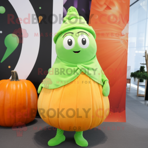 Lime Green Pumpkin mascot costume character dressed with a Pleated Skirt and Beanies