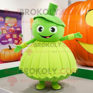 Lime Green Pumpkin mascot costume character dressed with a Pleated Skirt and Beanies