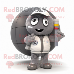 Gray Volleyball Ball mascot costume character dressed with a Bomber Jacket and Wallets