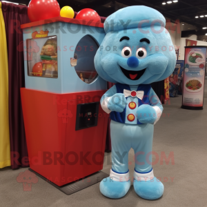 Sky Blue Gumball Machine mascot costume character dressed with a Corduroy Pants and Shoe laces
