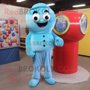 Sky Blue Gumball Machine mascot costume character dressed with a Corduroy Pants and Shoe laces