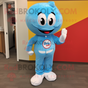 Sky Blue Gumball Machine mascot costume character dressed with a Corduroy Pants and Shoe laces