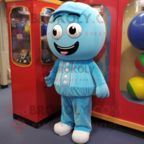 Sky Blue Gumball Machine mascot costume character dressed with a Corduroy Pants and Shoe laces