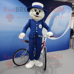 Navy Unicyclist mascot costume character dressed with a Romper and Hat pins