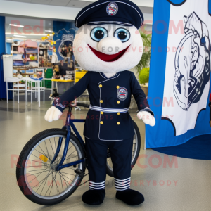 Navy Unicyclist mascot costume character dressed with a Romper and Hat pins