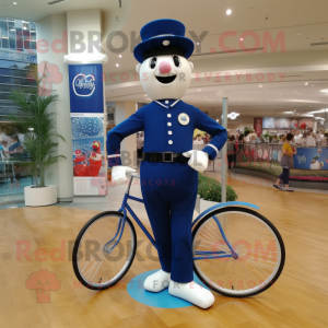 Navy Unicyclist mascot costume character dressed with a Romper and Hat pins