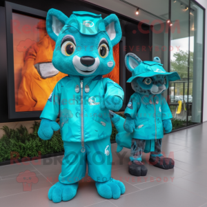 Turquoise Civet mascot costume character dressed with a Raincoat and Smartwatches