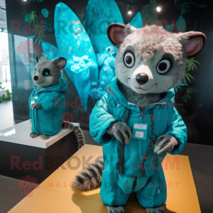 Turquoise Civet mascot costume character dressed with a Raincoat and Smartwatches