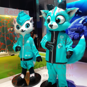 Turquoise Civet mascot costume character dressed with a Raincoat and Smartwatches