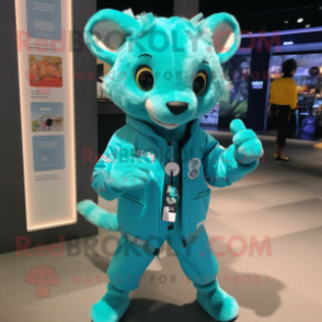 Turquoise Civet mascot costume character dressed with a Raincoat and Smartwatches