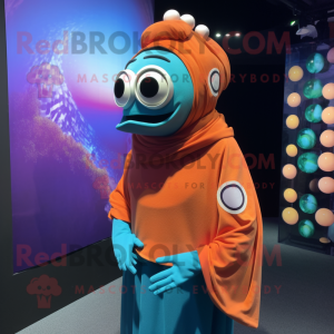 Cyan Clown Fish mascot costume character dressed with a Turtleneck and Shawl pins