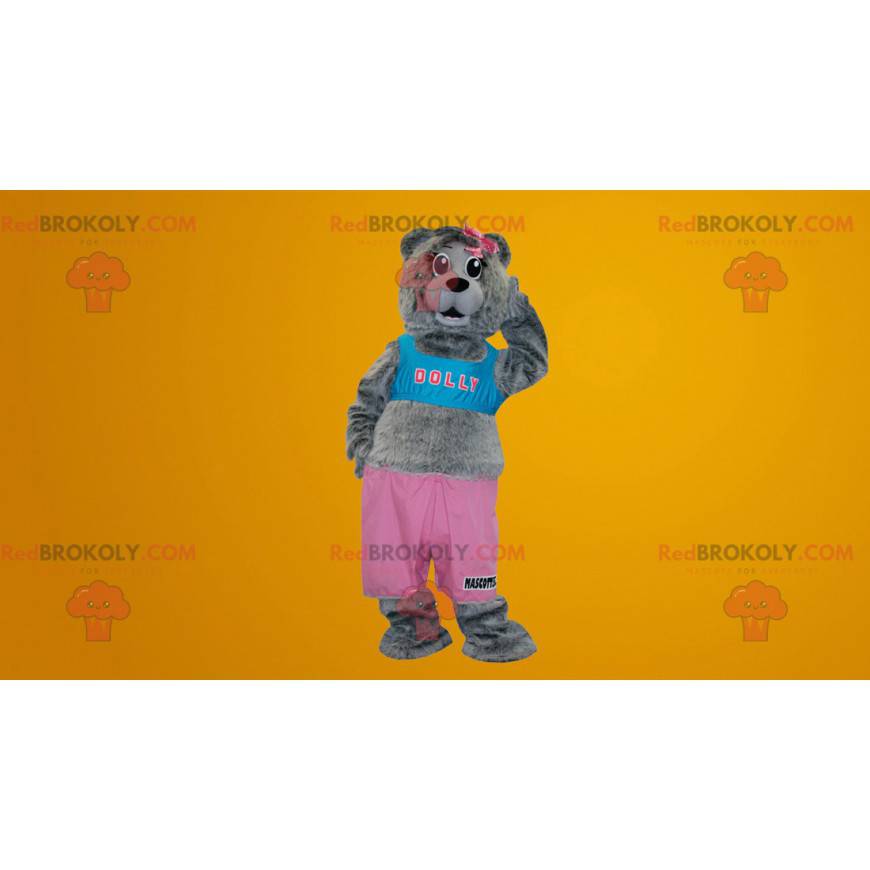 Grå bamse maskot kledd i rosa og blå - Redbrokoly.com Grå bamse maskot kledd i rosa og blå - Redbrokoly.com