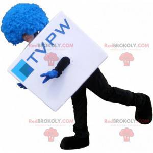 White cubic mascot with a blue wig. TV mascot - Redbrokoly.com