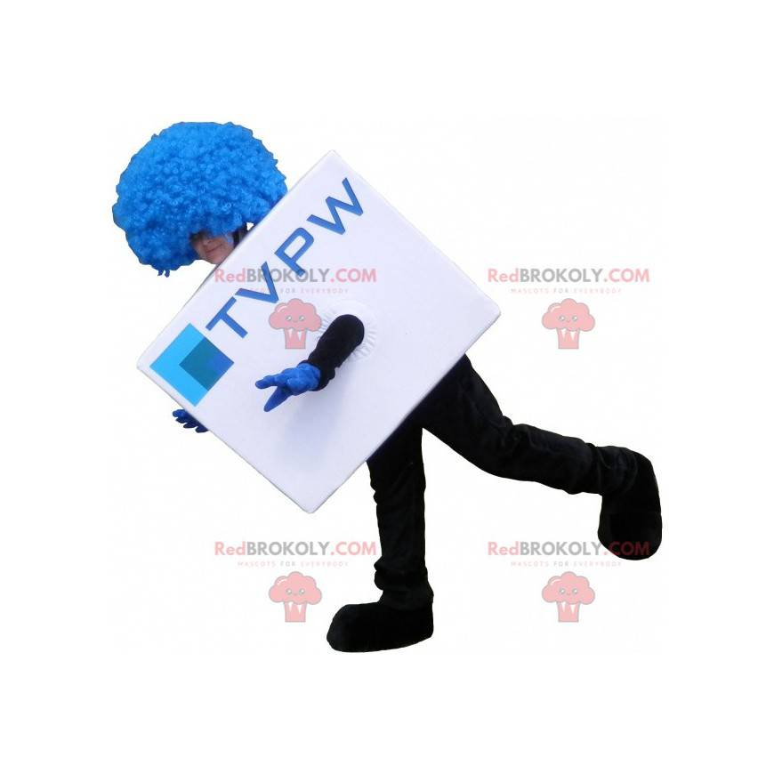 White cubic mascot with a blue wig. TV mascot - Redbrokoly.com