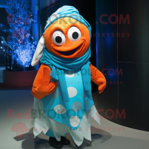 Cyan Clown Fish mascot costume character dressed with a Turtleneck and Shawl pins