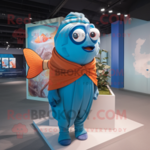 Cyan Clown Fish mascot costume character dressed with a Turtleneck and Shawl pins
