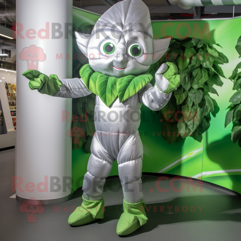 Silver Spinach mascot costume character dressed with a Playsuit and Gloves