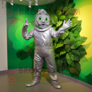 Silver Spinach mascot costume character dressed with a Playsuit and Gloves