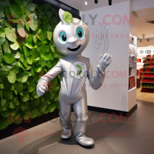 Silver Spinach mascot costume character dressed with a Playsuit and Gloves