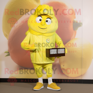 Lemon Yellow Lasagna mascot costume character dressed with a Cargo Shorts and Smartwatches
