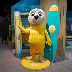 Yellow Seal mascot costume character dressed with a Board Shorts and Mittens
