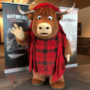 Red Buffalo mascot costume character dressed with a Flannel Shirt and Shawls